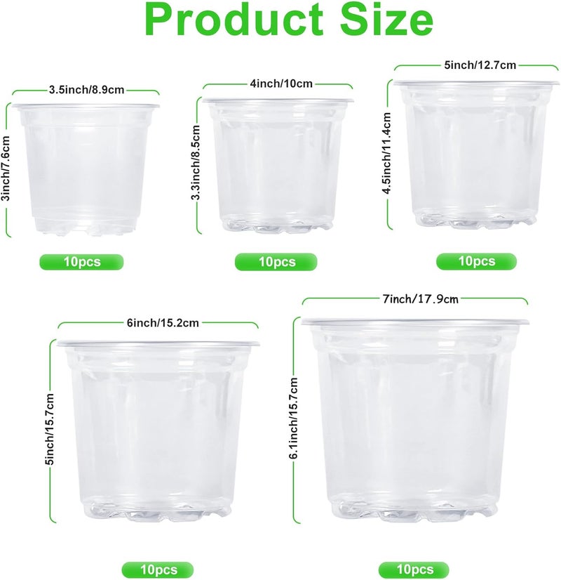 JERIA 50 Pack 3.5/4/5/6/7 Inch Clear Nursery Pots with Drainage Holes, Clear Plant Pot for Planting, Transparent Plastic Plant Pots,Durable Seed Starting Pot for Succulents - Image 2
